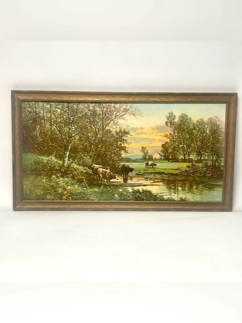 Vintage Lithograph Print Cows on a Farm Glass Vintage Original Wood Frame 12x24”